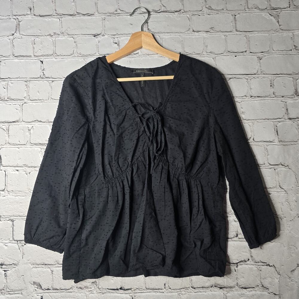 BCBG MaxAzria 100% Cotton Black Textured Polka Dot Lace Up‎ Collar Blouse Large